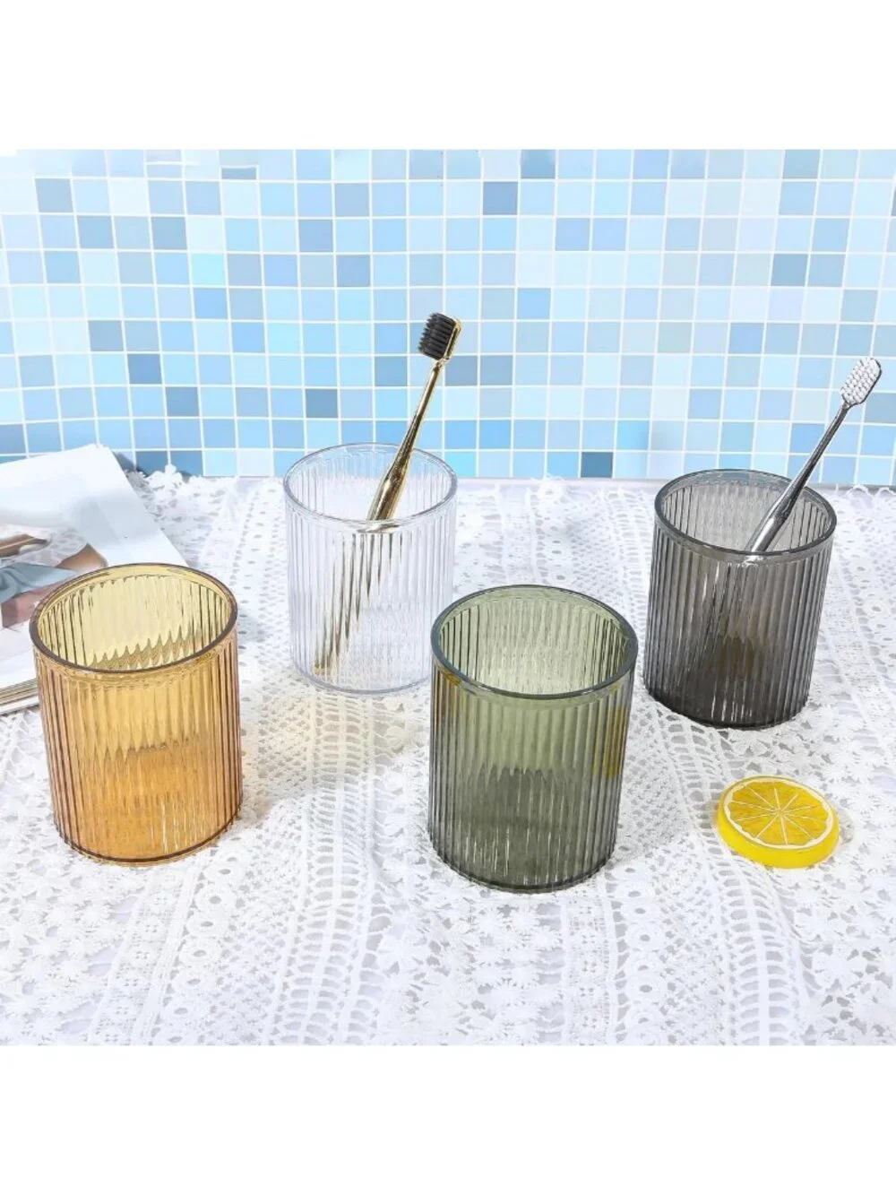 Stylish Acrylic Makeup Brush Holder & Organizer - Vintage Striped Design for
